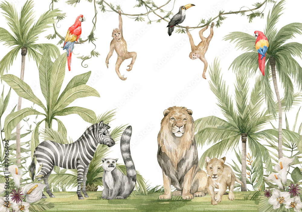 Watercolor composition with African animals and natural elements. Lion, zebra, monkeys, parrots, palm trees, flowers. Safari wild creatures. Jungle, tropical illustration for nursery wallpaper - obrazy, fototapety, plakaty 