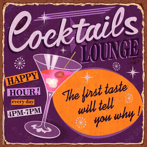 Vintage Cocktails metal sign.Vintage metal sign.