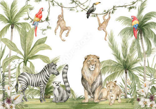 Watercolor composition with African animals and natural elements. Lion, zebra, monkeys, parrots, palm trees, flowers. Safari wild creatures. Jungle, tropical illustration for nursery wallpaper photo