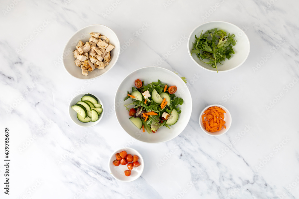 A Healthy Salad with Chicken, Tomatoes and Cucumbers A Healthy Salad with Chicken, Tomatoes and Cucumbers