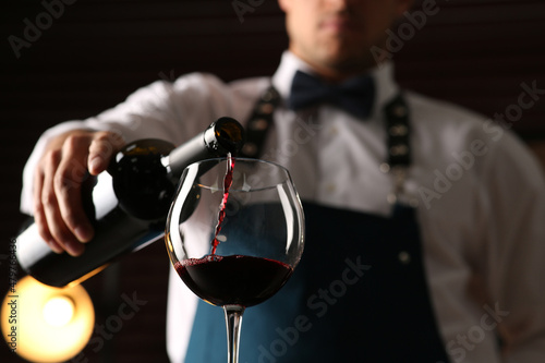 Bartender pouring red wine into glass indoors, closeup. Low angle view