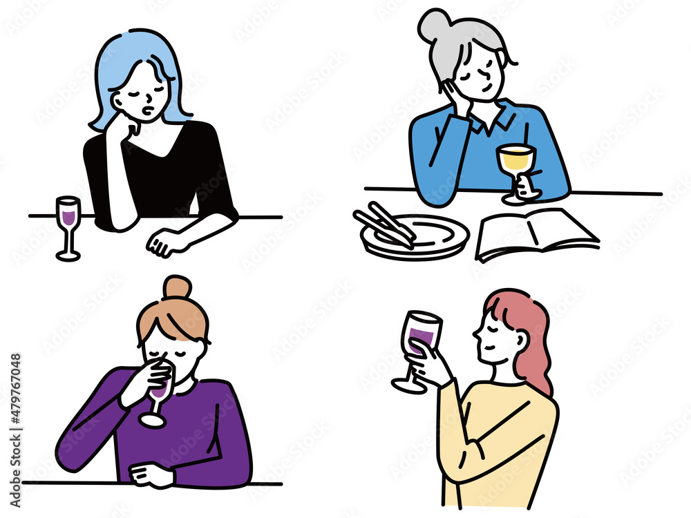 お酒を飲むイラスト(ワイン、お祝い、休日、ディナー、カップル、読書、記念日、オシャレ) Drinking illustration.Wine, celebration, holiday, dinner, couple, reading, anniversary, fashion).