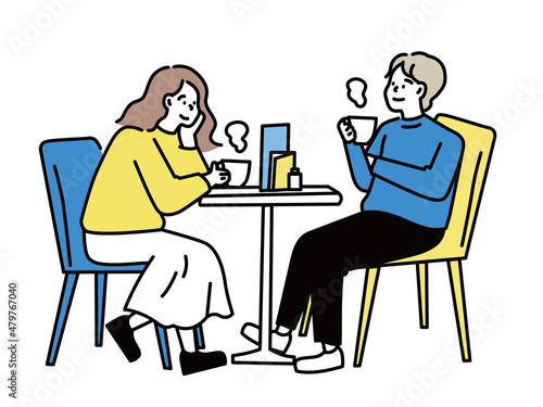 カフェでお喋りするイラスト(休日、まったり、リラックス、談笑、デート) Illustration of chatting at a cafe.Holidays, relaxation, relaxation, chatting and dating.