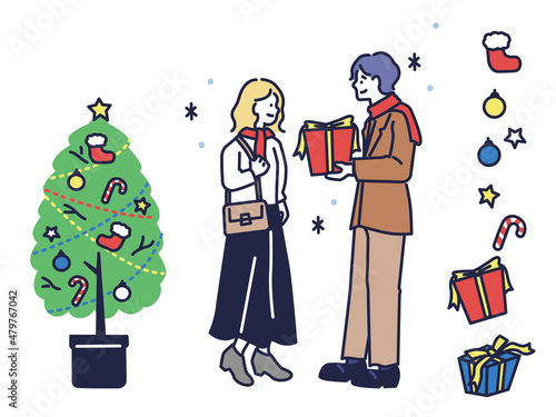 クリスマス、恋人のイラスト(カップル、デート、ツリー、オーナメント、イベント) Christmas, illustration of my lover.Couples, dates, trees, ornaments, events.