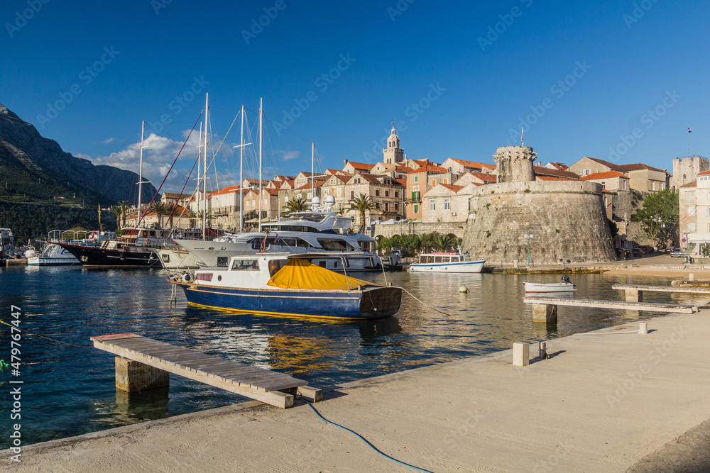 Fototapeta premium Marina and Great Governor's Tower in Korcula town, Croatia