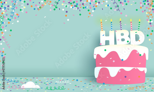 Birthday card featuring cakes, candles, confetti and HBD letters.