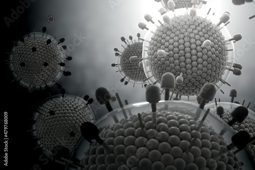 Paramyxovirus mumps , COVID pandemic, Close-up of virus under microscope. Realistic high quality medical 3d render.
