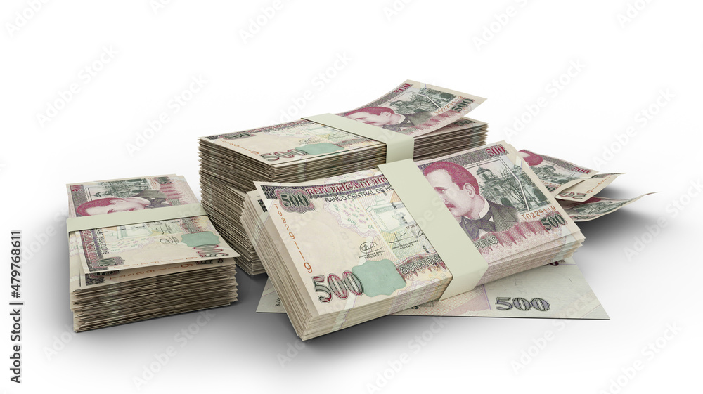 3D Stack of 500 Honduran lempira notes isolated on white background 3D Stack of 500 Honduran lempira notes isolated on white background