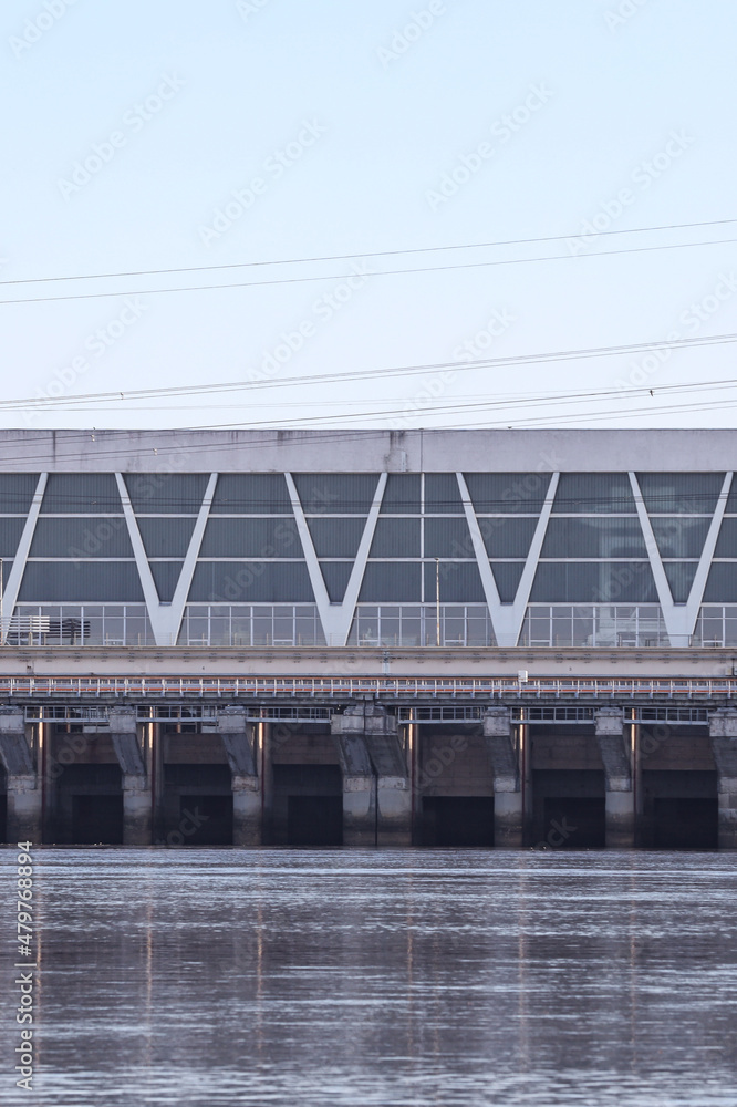 Close up photo of industrial water electricity factory building.