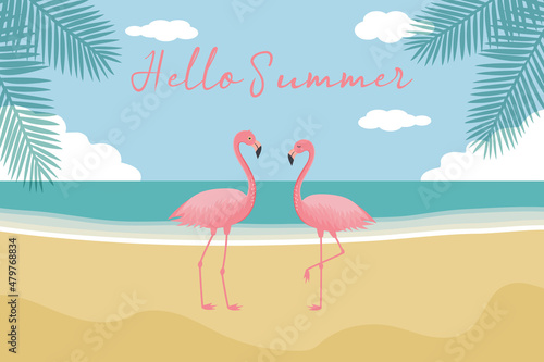 Hello summer background. Pink flamingos, panorama of sea and beach, palm trees. Summer vacations poster.