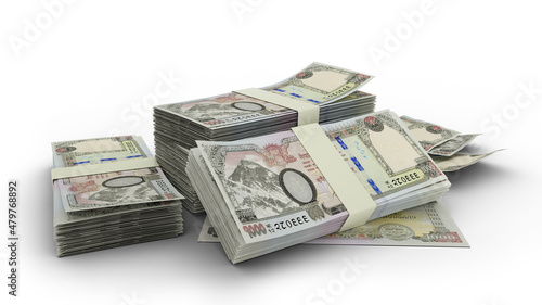 3D Stack of 1000 Nepalese rupee notes isolated on white background