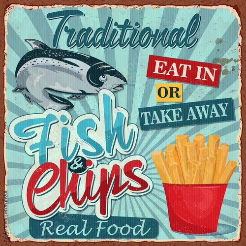 Vintage Fish and chips metal sign.Retro poster 1950s style.