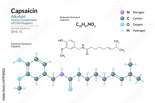 Capsaicin. Active Component of Chili Peppers. Structural Chemical Formula and Molecule 3d Model. C18H27NO3. Atoms with Color Coding. Vector Illustration photo