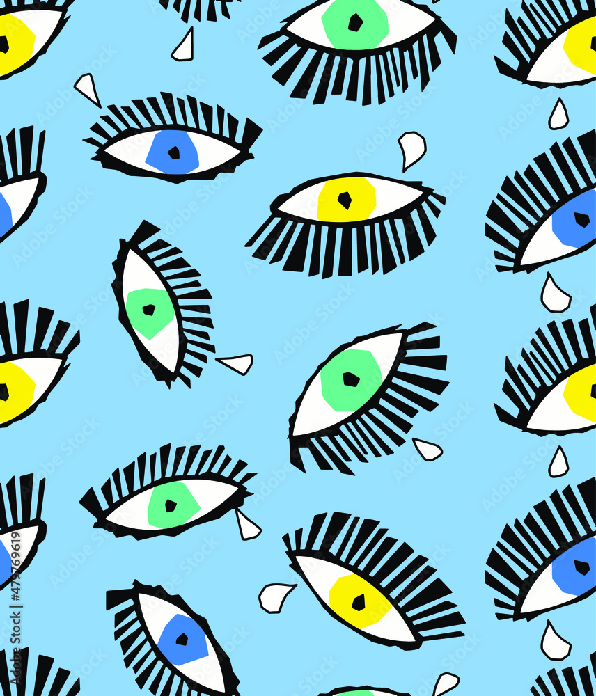 Abstract Hand Drawing Cubism Pop Art Geometric Eyes and Tears Seamless Vector Pattern Isolated Background