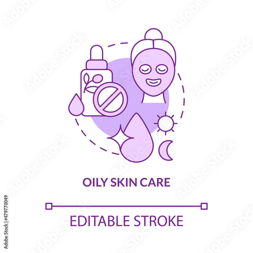 Oily skin care purple concept icon. Everyday routine procedures abstract idea thin line illustration. Isolated outline drawing. Editable stroke. Roboto-Medium, Myriad Pro-Bold fonts used
