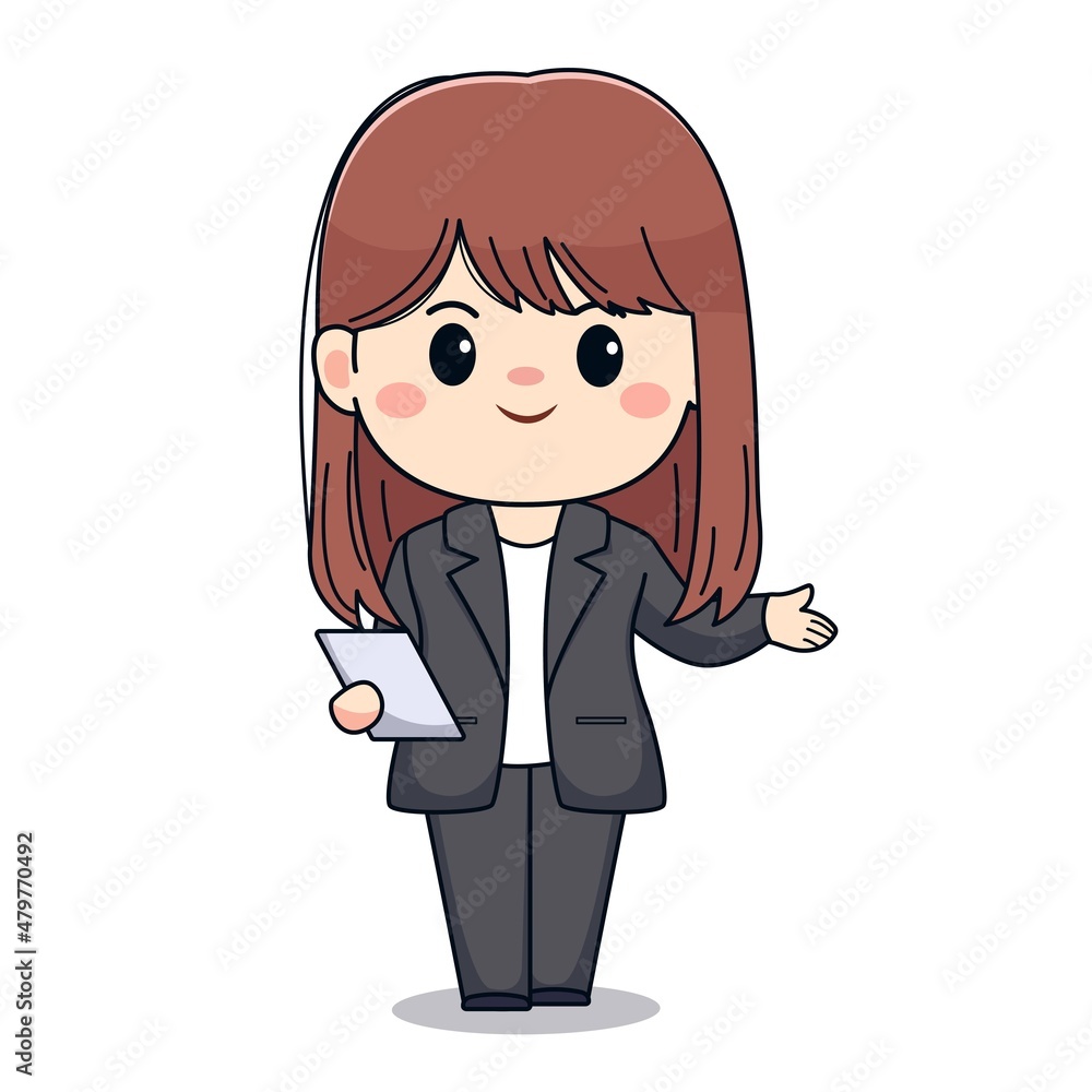 Cute businesswoman with paper or tablet and formal suit kawaii chibi character design