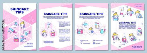 Skincare tips pink brochure template. Healthy skin. Booklet print design with linear icons. Vector layouts for presentation, annual reports, ads. Arial-Black, Myriad Pro-Regular fonts used