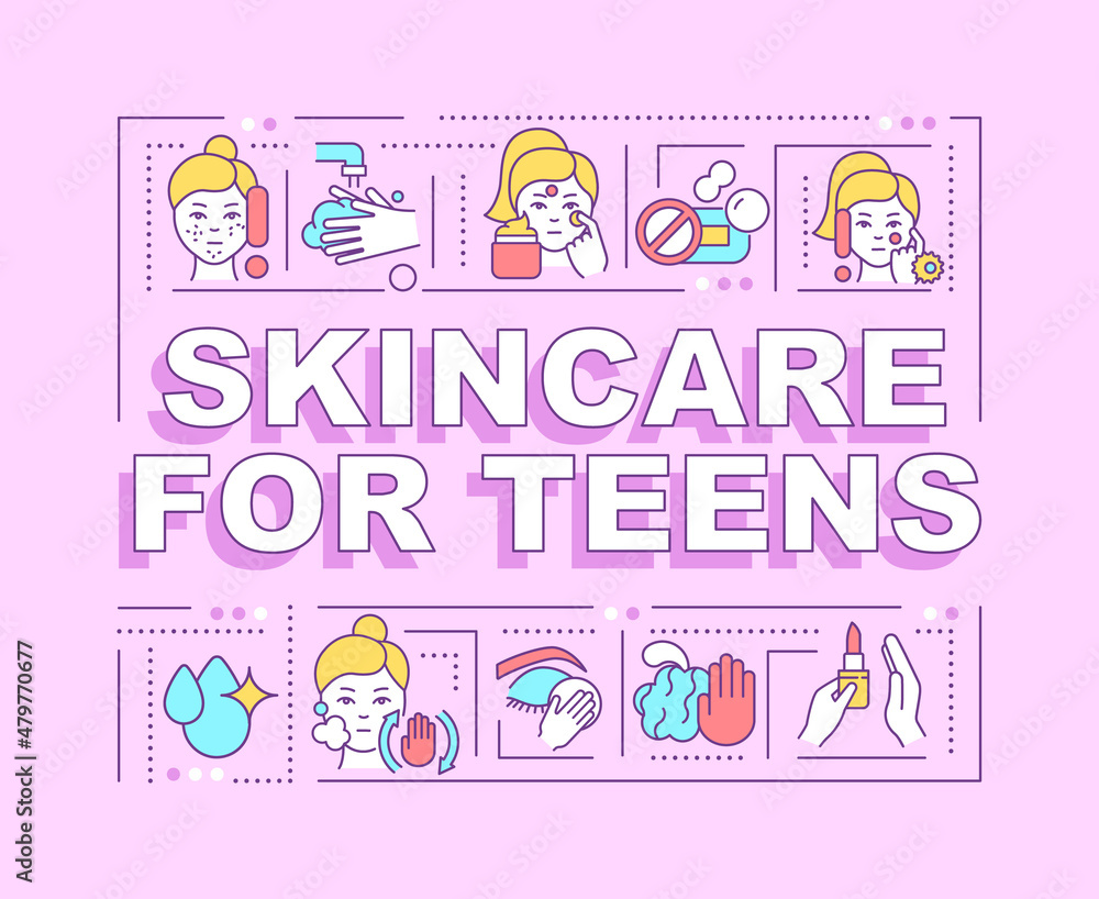 Skincare for teens word concepts pink banner. Skin treatment. Infographics with linear icons on background. Isolated typography. Vector color illustration with text. Arial-Black font used Skincare for teens word concepts pink banner. Skin treatment. Infographics with linear icons on background. Isolated typography. Vector color illustration with text. Arial-Black font used