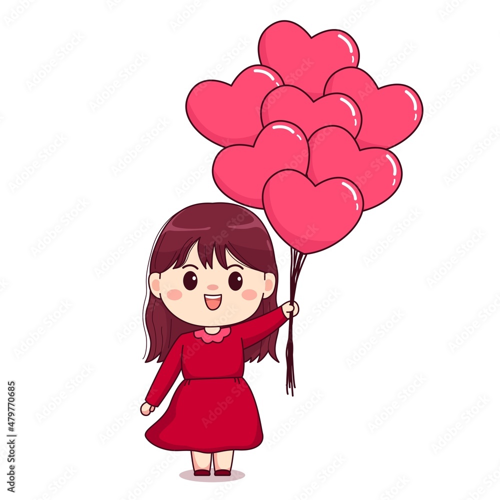 Valentine day girl with red dress and baloons cute kawaii chibi character design Valentine day girl with red dress and baloons cute kawaii chibi character design