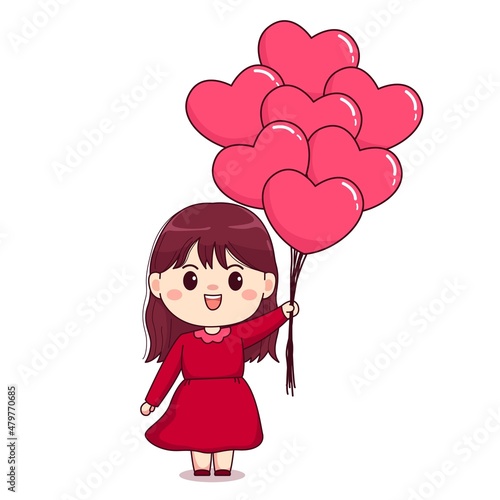 Valentine day girl with red dress and baloons cute kawaii chibi character design