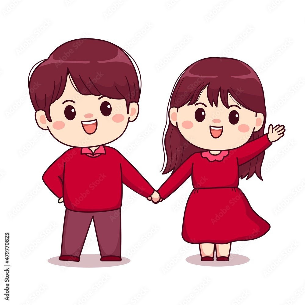 Valentines day boy holding his girls hand cute kawaii chibi character design Valentines day boy holding his girls hand cute kawaii chibi character design