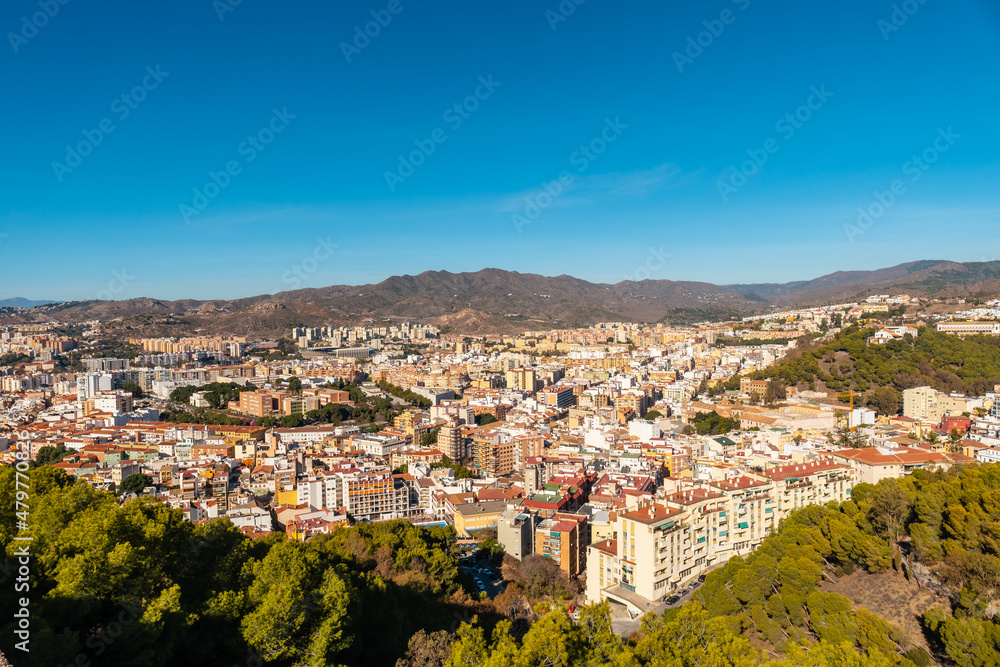 Views of the city from the Castillo de Gibralfaro in the city of Malaga, Andalusia. Spain