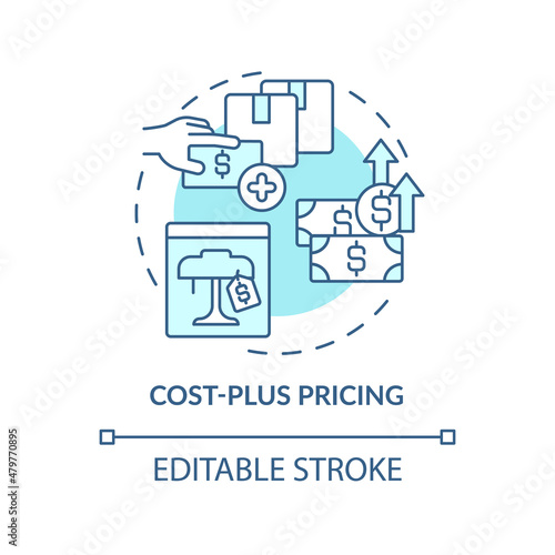 Cost-plus pricing turquoise concept icon. Adding profit percentage abstract idea thin line illustration. Isolated outline drawing. Editable stroke. Roboto-Medium, Myriad Pro-Bold fonts used