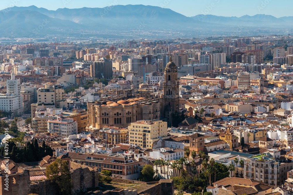 Views of the city and the Cathedral of the Incarnation of Malaga from the Gibralfaro Castle in the city of Malaga, Andalusia. Spain