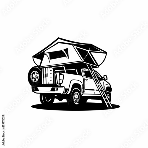 silhouette of RV, pick up camper truck with roof tent vector