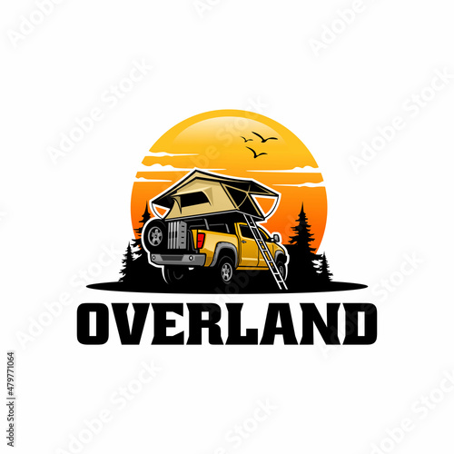 RV, pick up camper truck with roof tent logo vector