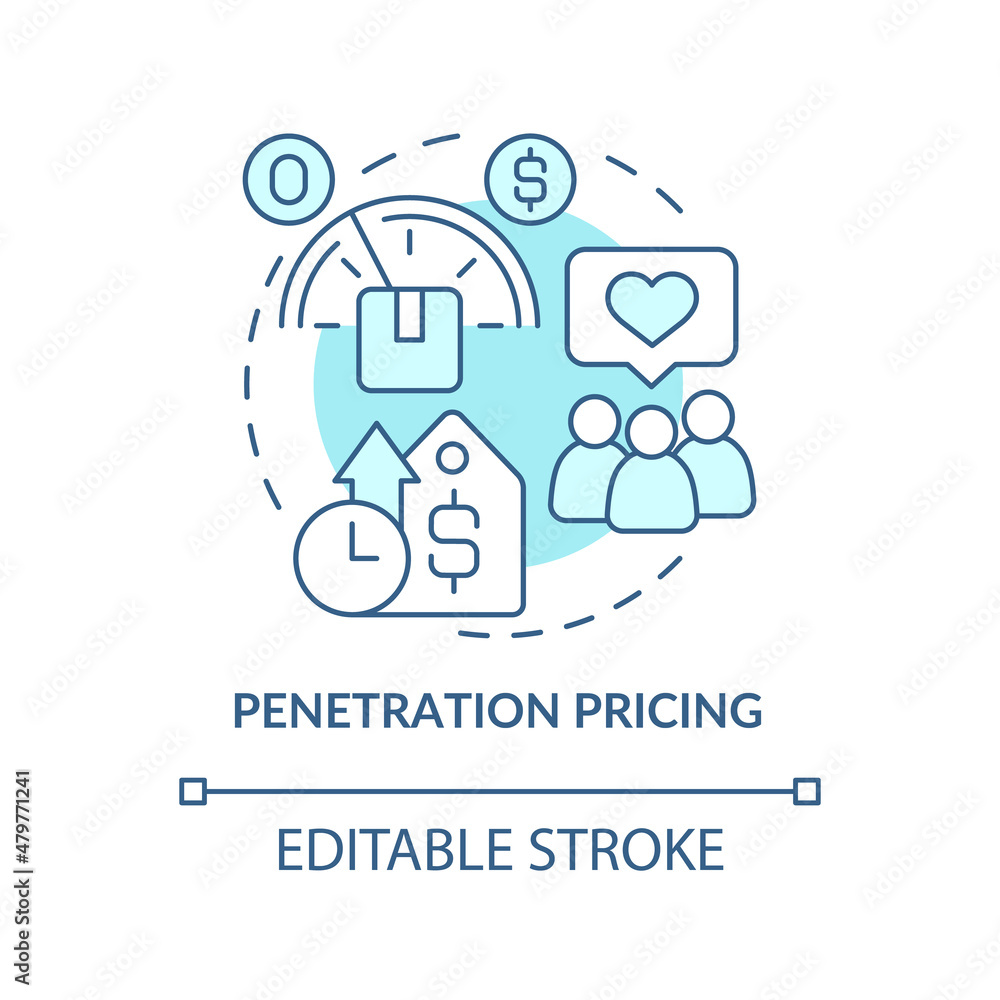 Penetration pricing turquoise concept icon. Low price for new product abstract idea thin line illustration. Isolated outline drawing. Editable stroke. Roboto-Medium, Myriad Pro-Bold fonts used