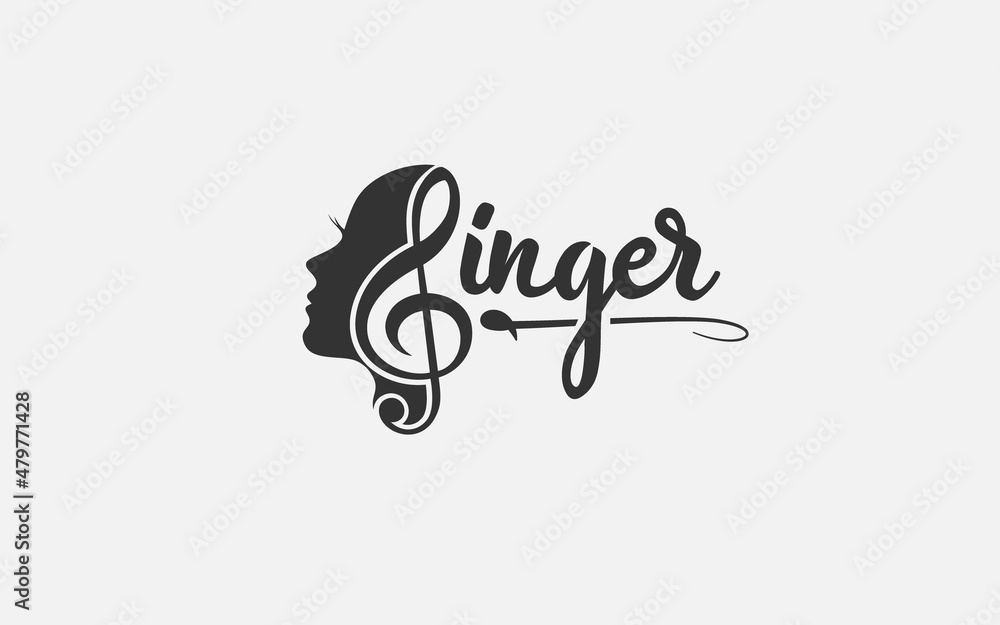 Singer Vocal Karaoke , Choir with Music Notes Treble Clef - Singing Woman Face Silhouette logo design