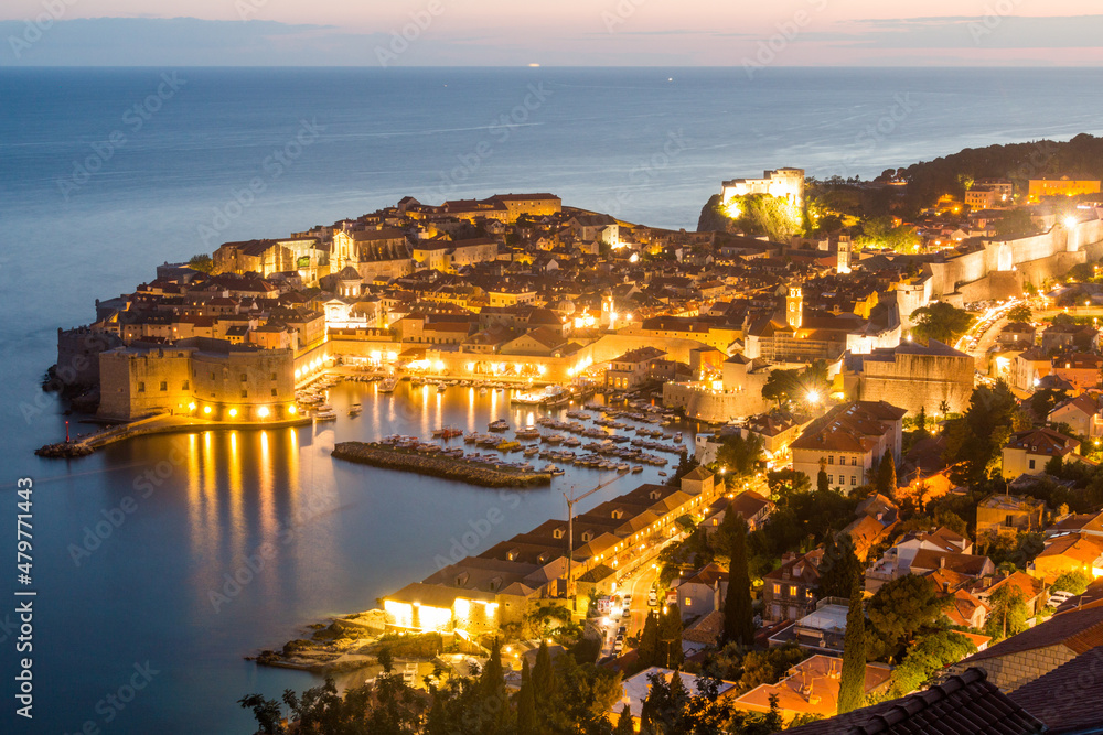 Evening aerial view of the old town of Dubrovnik, Croatia