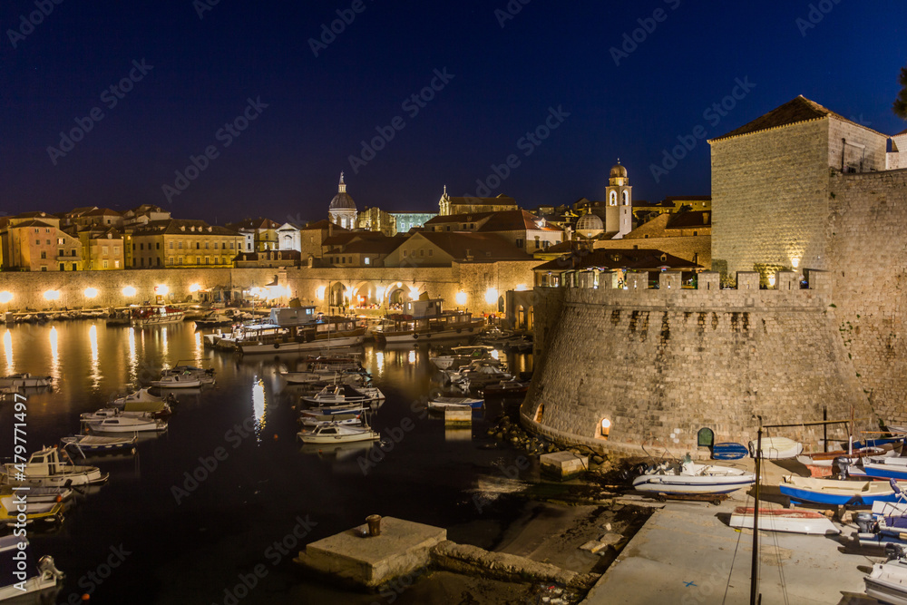 Evening view of boats in the old town of Dubrovnik, Croatia