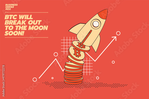 Vector illustration concept of Bitcoin or crypto currency set to rise with a rocket flying with bitcoin icon and chart in flat style