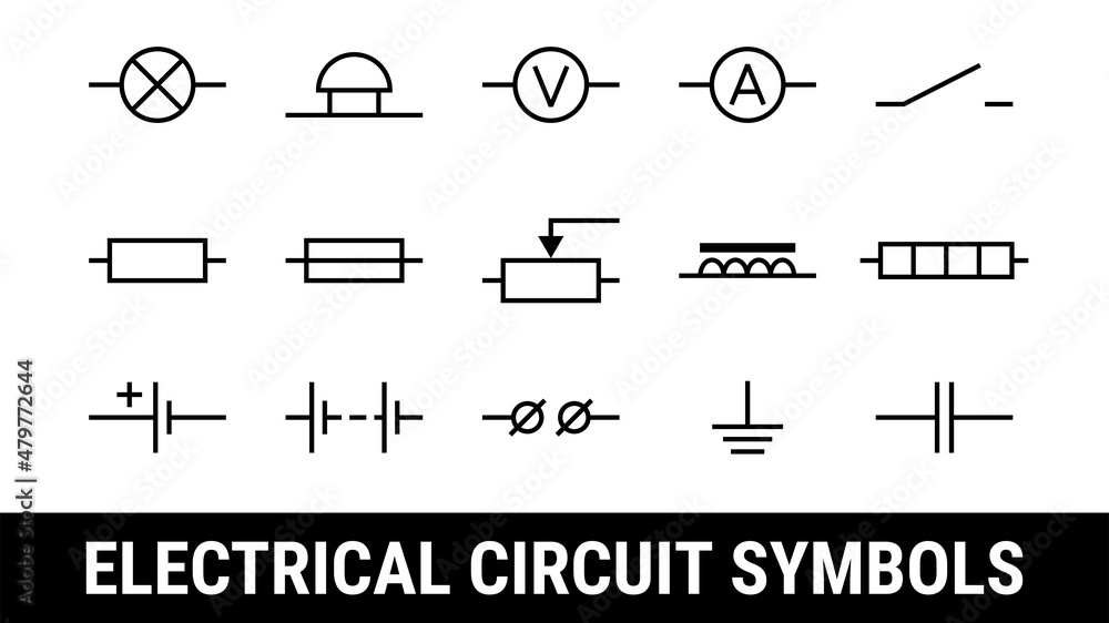 Electrical circuit symbols set. Flat icons elements. Lamp, Ammeter and  voltmeter, bell, terminal, resistor and cell battery, heating element,  electromagnet. Stock Vector | Adobe Stock