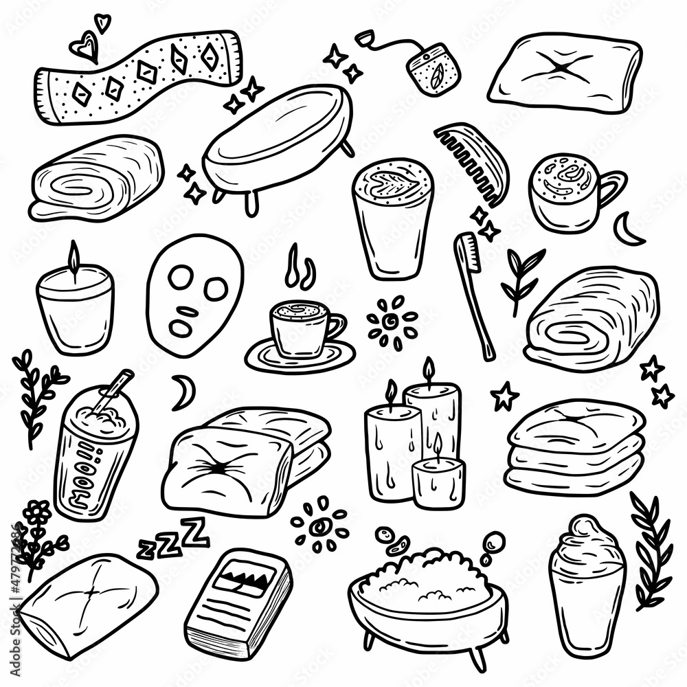 relaxation and self care hand drawn outline style icon set Stock Vector ...