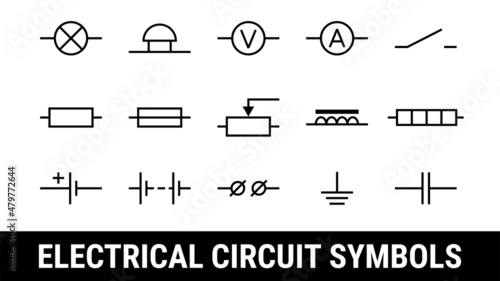 Electrical circuit symbols set. Flat icons elements. Lamp, Ammeter and voltmeter, bell, terminal, resistor and cell battery, heating element, electromagnet.