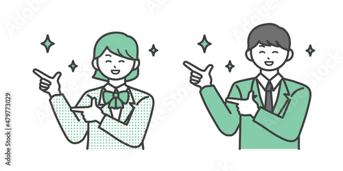 ポーズをとる男子学生と女子学生の上半身のイラスト素材セット