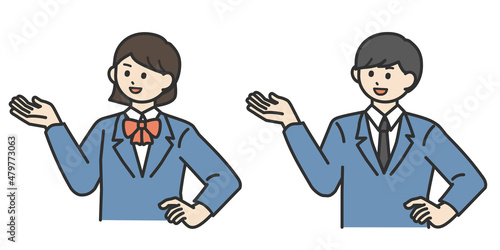 手を挙げる学生の男の子と女の子のイラスト素材セット