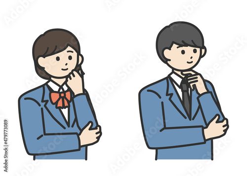 考え事をしている男子学生と女子学生のイラスト素材