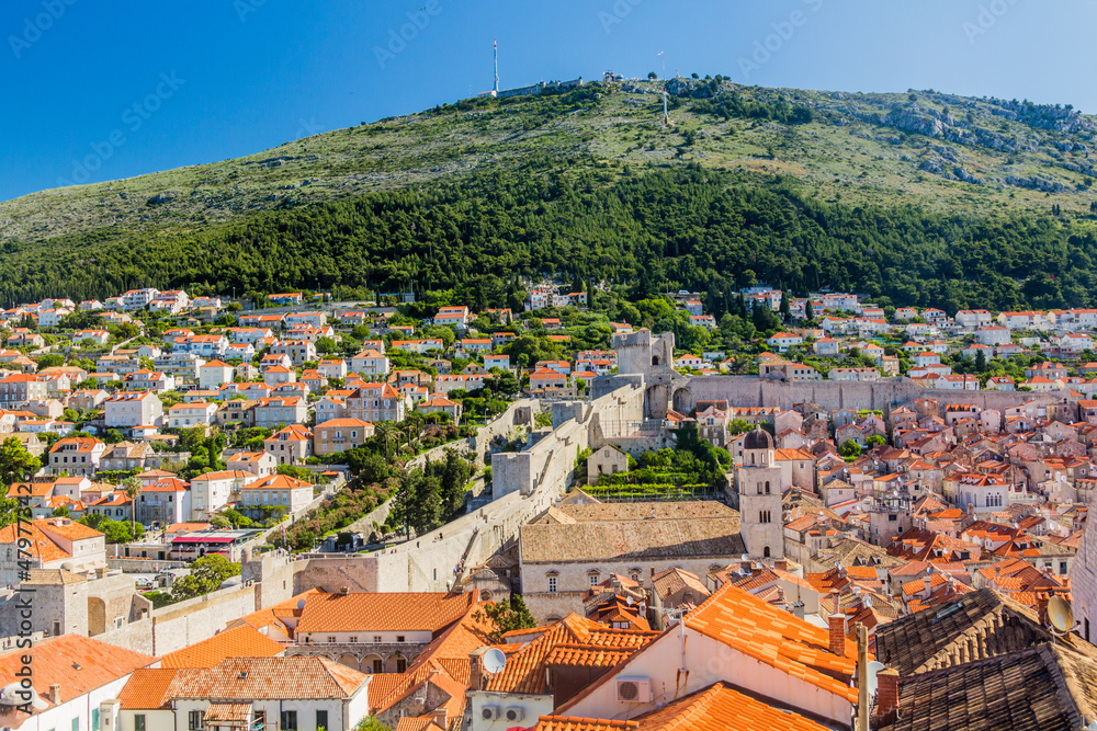 Walls of the old town of Dubrovnik and Srd mountain, Croatia