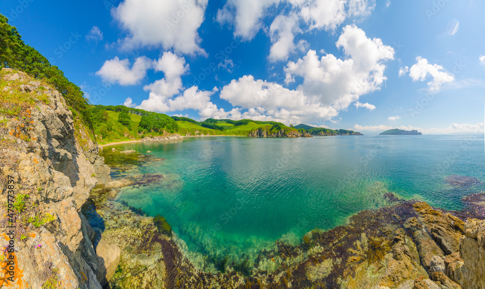 Summer, sea, seashore, sun, sunny day, mountains by the sea, hills by the sea