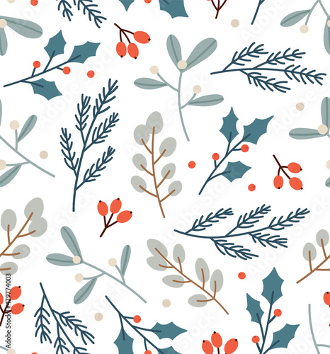 Seamless pattern of eucalyptus, mistletoe, pine, berries, holly berry. Concept of the winter season, holidays, Christmas, New Year. Hand-drawn colorful vector illustration, isolated on white.