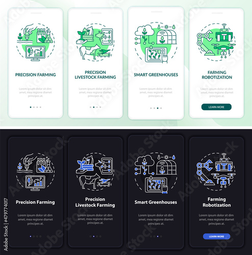 Digital agriculture night and day mode onboarding mobile app screen. Walkthrough 4 steps graphic instructions pages with linear concepts. UI, UX, GUI template. Myriad Pro-Bold, Regular fonts used
