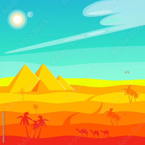 Panorama of the Egyptian pyramids at Giza. Feeling of midday heat. Stylized vector image in cartoon style. Roardtrip. Vacation.
