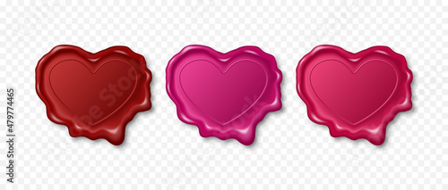 Vector 3d Realistic Vintage Red, Pink Stamp, Wax Seal Set Isolated. Sealing Wax, Stamps Heart Shaped Labels for Quality Certificate, Document, Letter, Envelop. Valentine Day, Love Concept