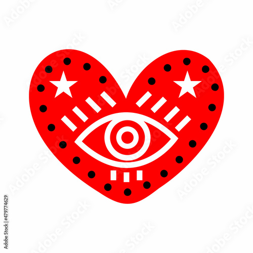 Red heart decorated with an eye. Romantic icon for Valentines Day. Vector illustration