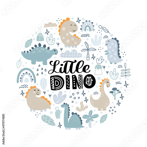 Round greeting card with cute dinosaurs palms and cactuses and lettering text Little Dino. Childish design for birthday invitation poster clothing, nursery wall art and card