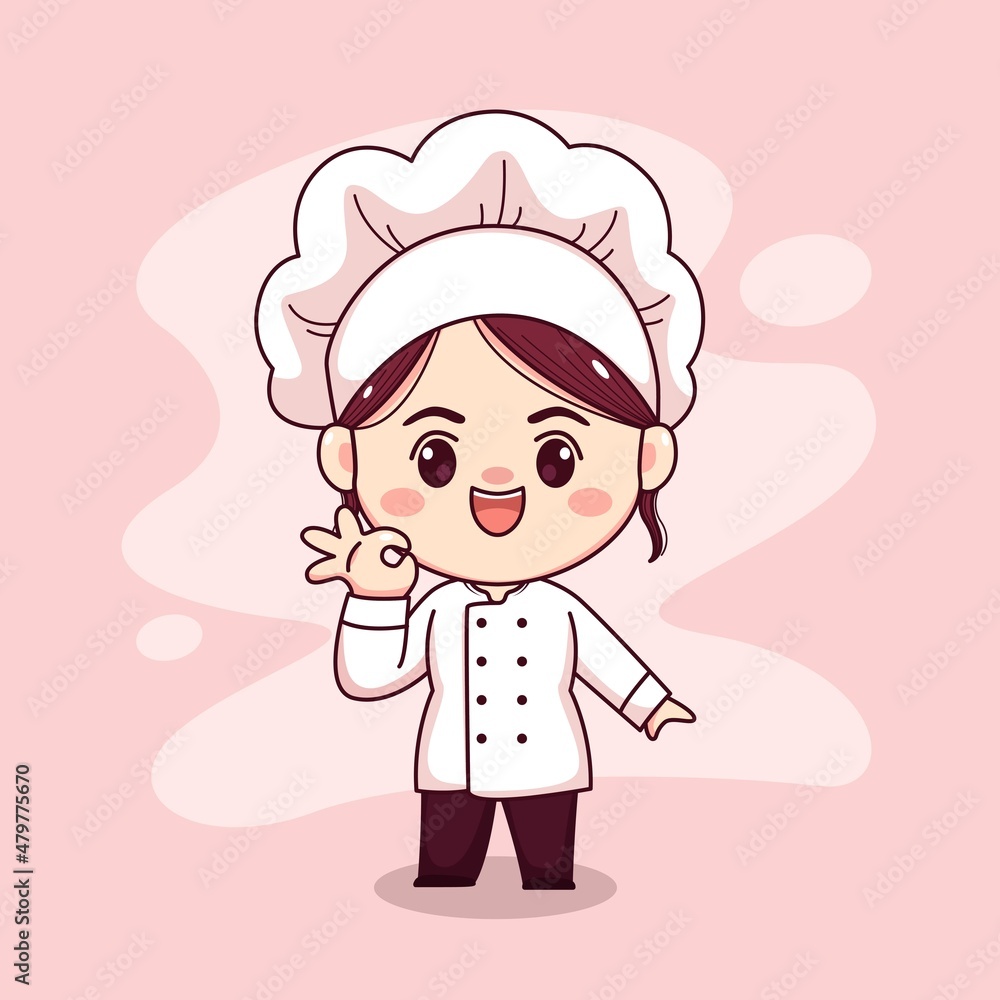 Cute and kawaii female chef with delicious sign cartoon manga chibi vector character design Cute and kawaii female chef with delicious sign cartoon manga chibi vector character design